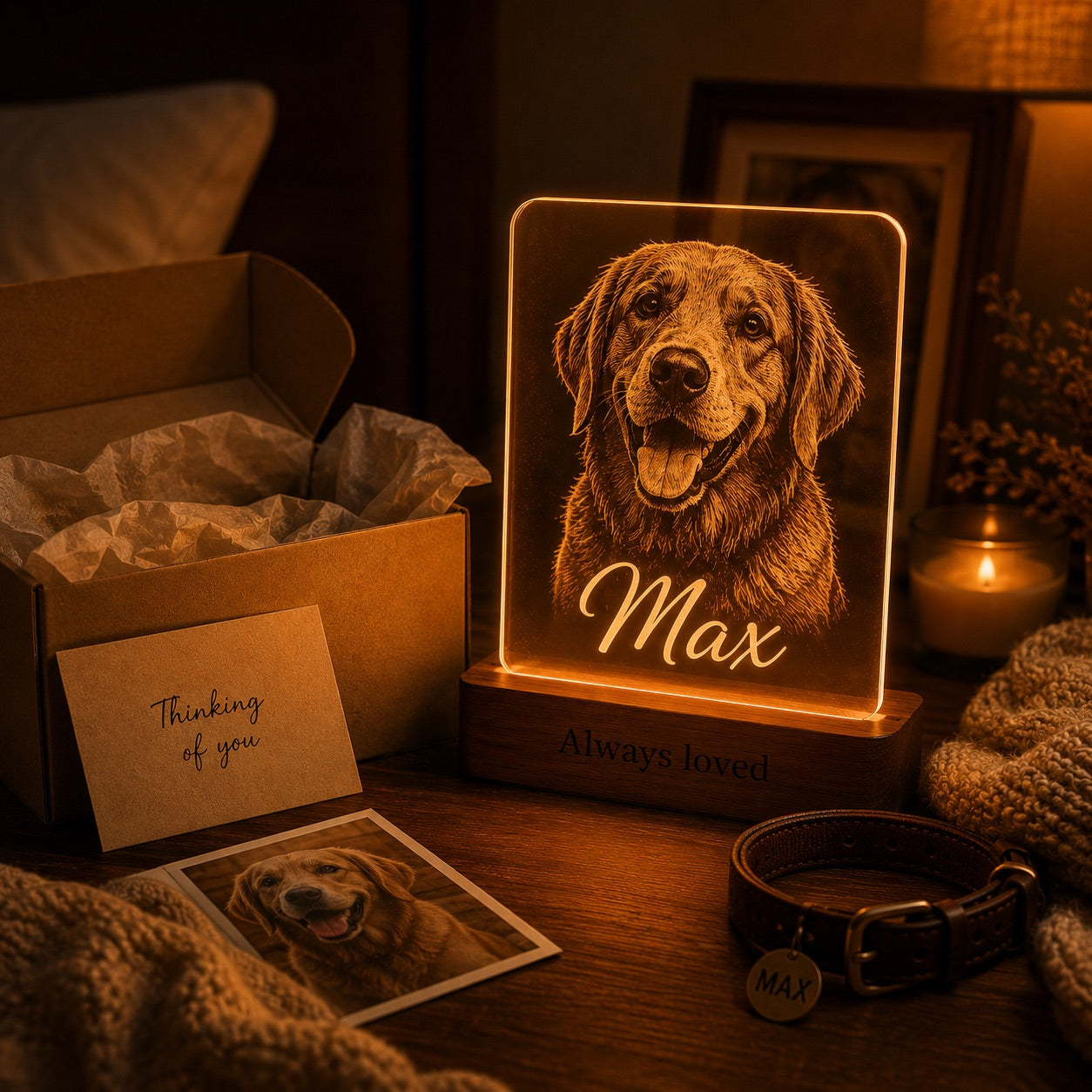 A memorial lamp beside its gift box, a handwritten card, and a collar
