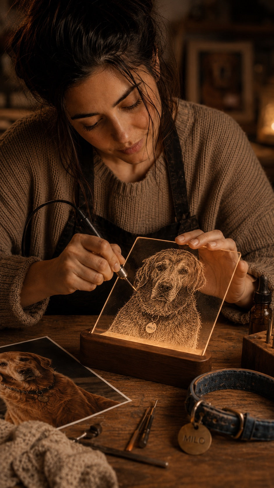 Mila etching a lamp by hand in her warm little workshop